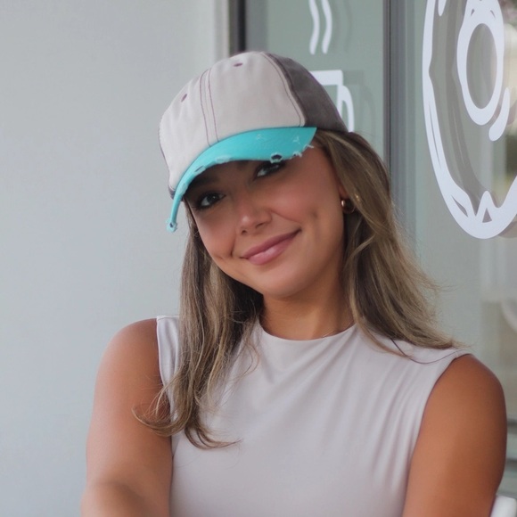Southern Junkie Accessories - Ladies Beige, Brown and Turquoise Distressed Baseball Cap Hat